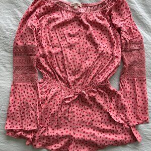 WallFlower bell sleeve on or off shoulder romper with crochet inset